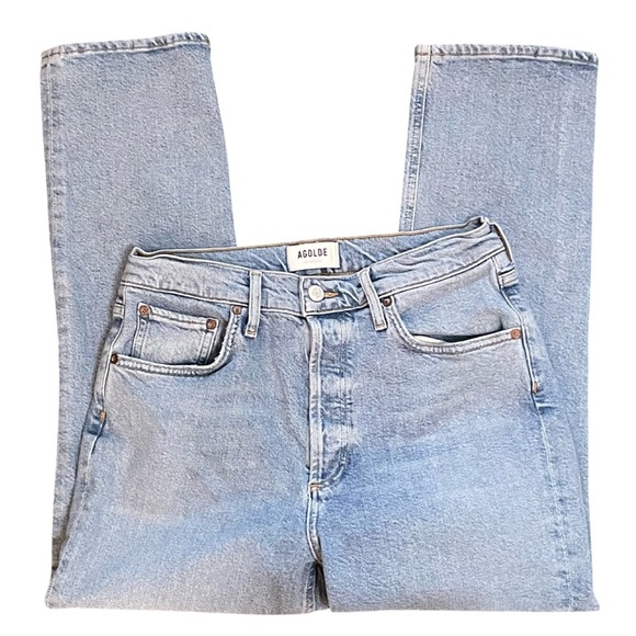 AGOLDE Riley High Rise Slim Straight Crop Light Blue Wash Denim Jean Size 28 - Picture 6 of 13